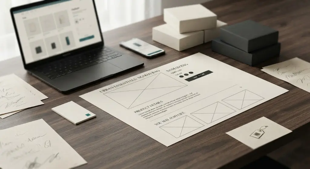 Online store design desk with product wireframe, laptop and packaging