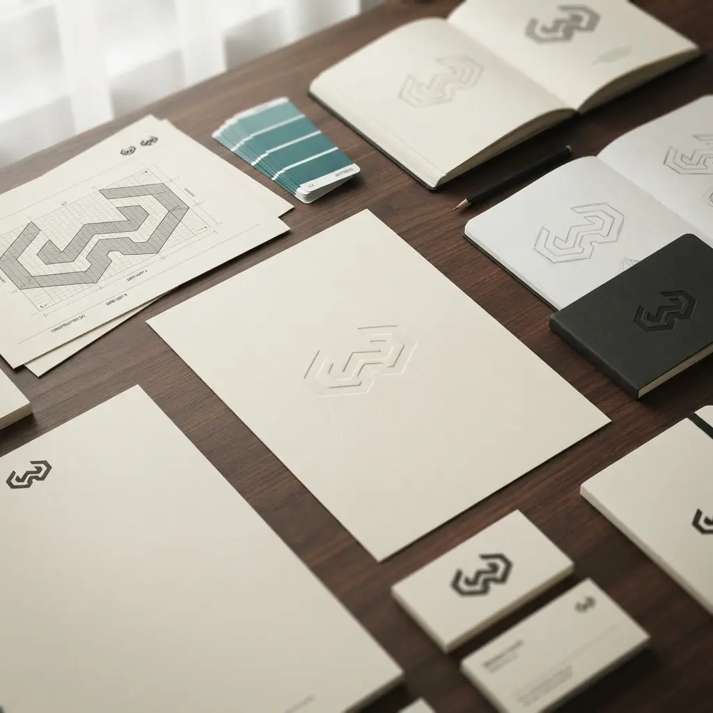 Brand identity desk with logo sketches, colour swatches and stationery