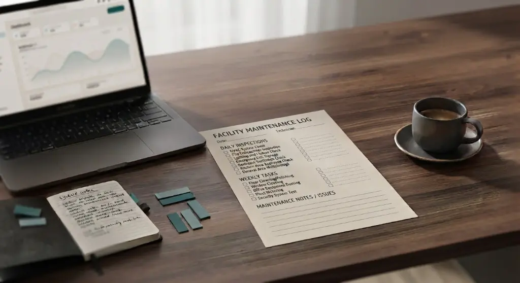 Website care desk with laptop dashboard, notebook and checklist