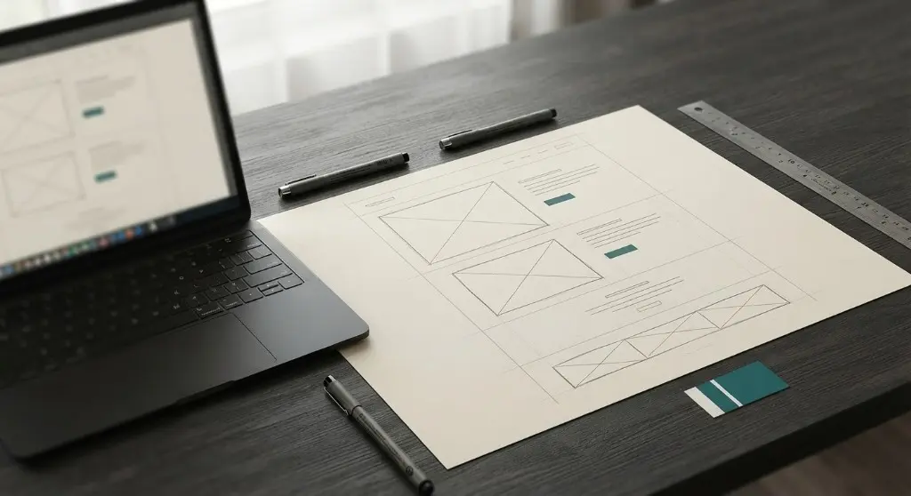 Web design desk with laptop wireframe, paper layout and teal colour chip