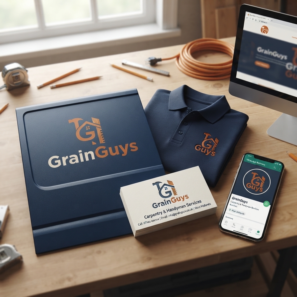 GrainGuys brand applications on folder, polo, cards, phone, and screen