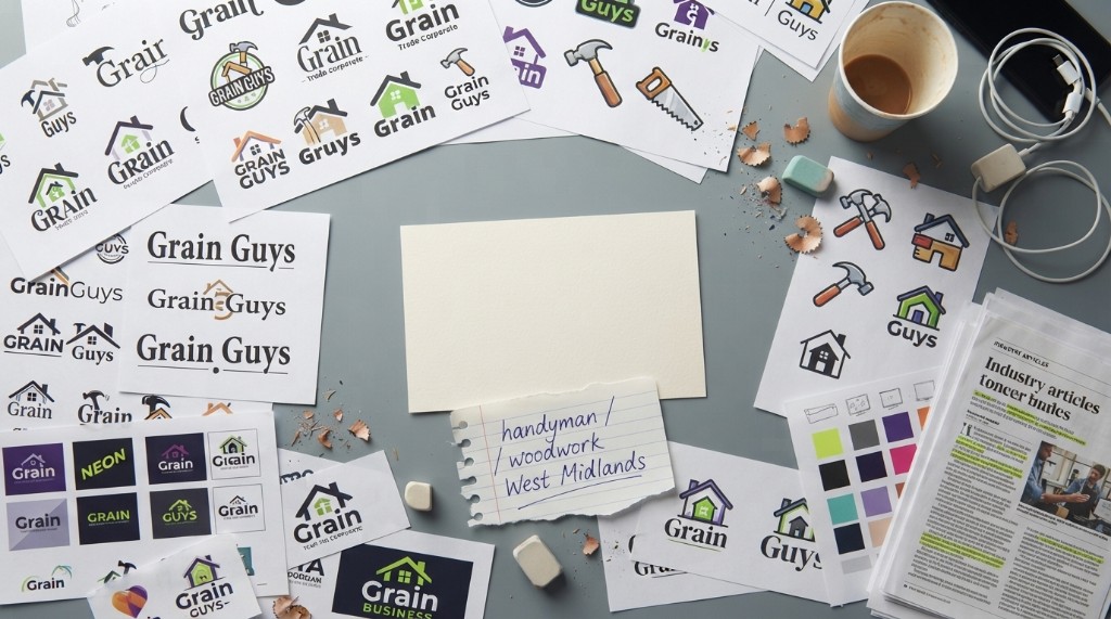 Design desk with GrainGuys logo sketches, notes, and colour trials