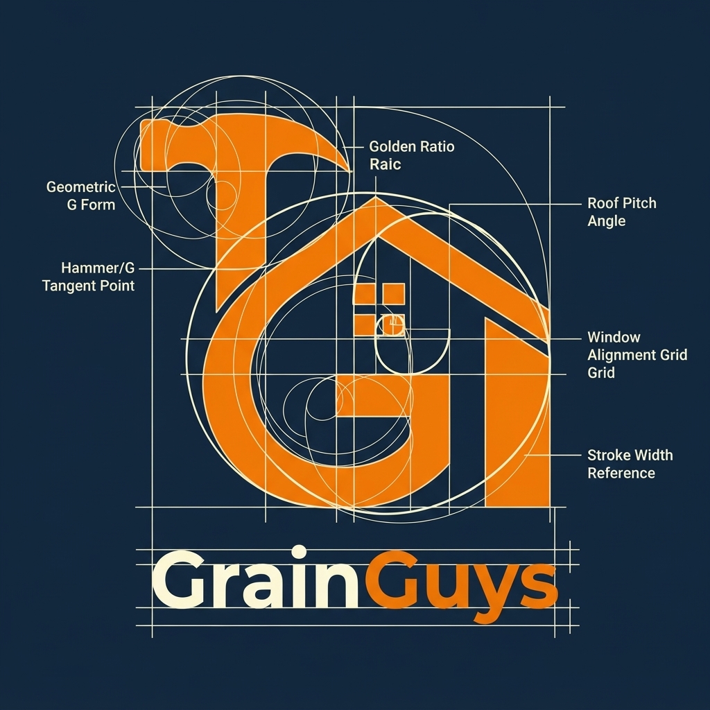 Geometric construction grid over the GrainGuys G mark with hammer and house details