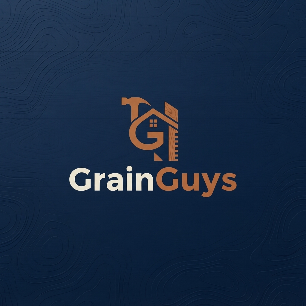 GrainGuys logo and wordmark on a deep navy background with topographic grain