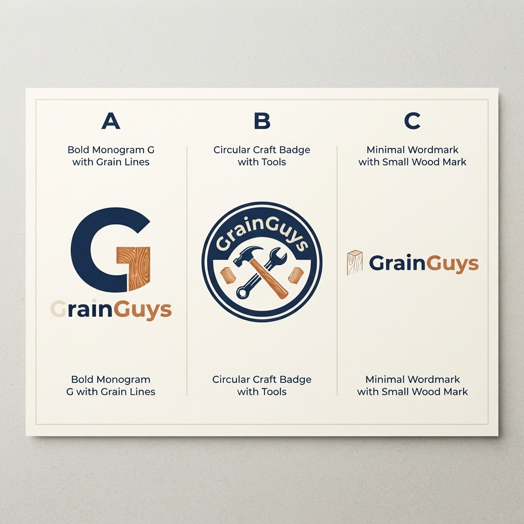 Three GrainGuys logo directions labelled A, B, and C on a presentation board