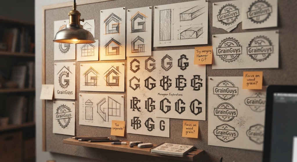 Corkboard of GrainGuys monogram and house-mark pencil sketches