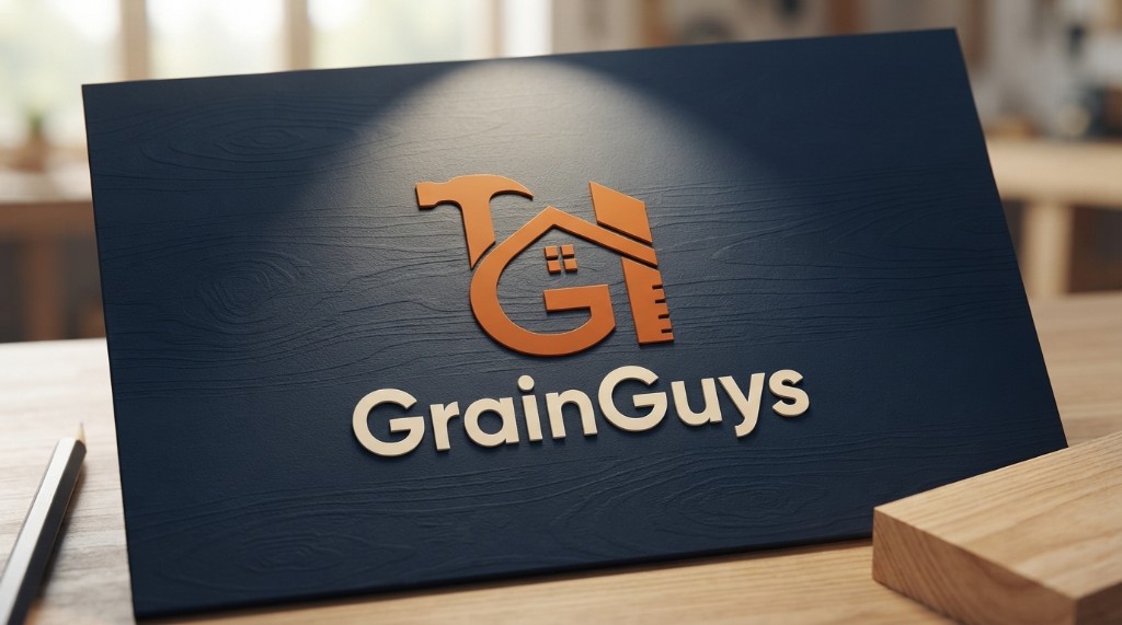 GrainGuys logo embossed on a dark wood-grain presentation board