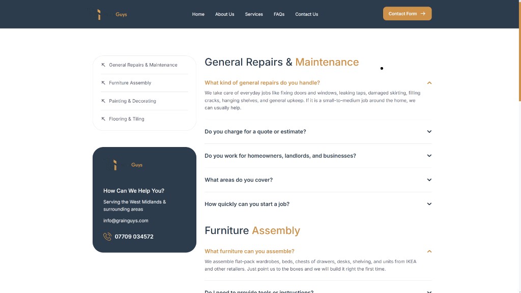 GrainGuys FAQ page with service categories and expandable answers