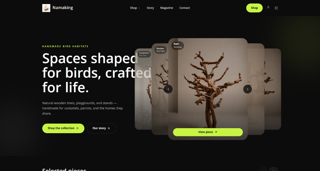 Namaking hero with handmade bird habitats headline and product carousel