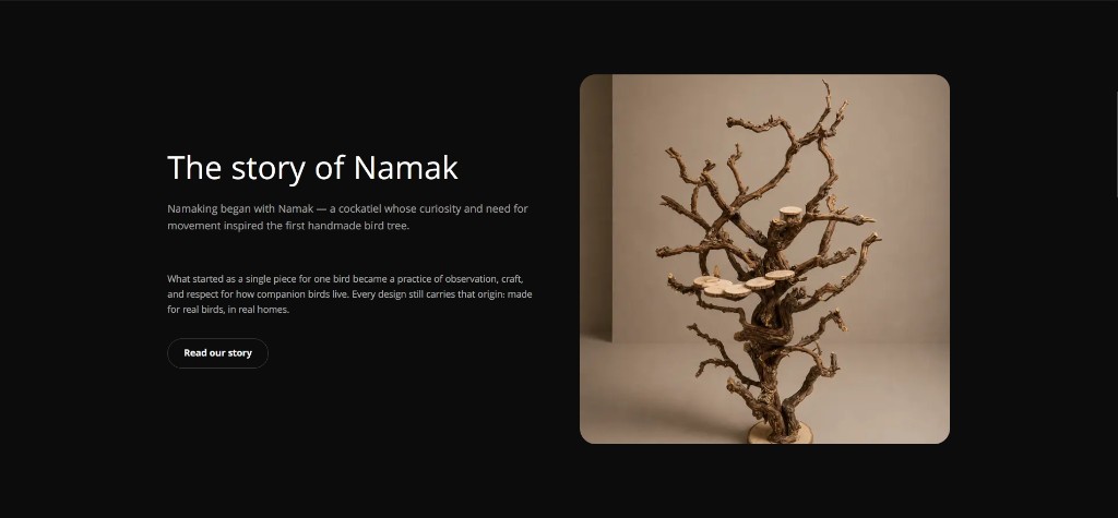 Namaking brand story section about Namak the cockatiel